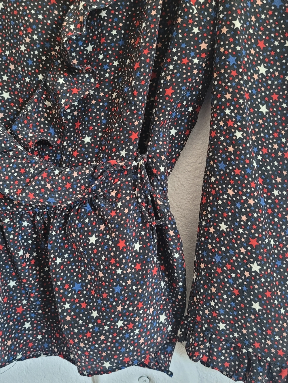 Madewell... Black Star-Print Ruffle Wrap Top with Red and Blue (96) - Picture 3 of 5